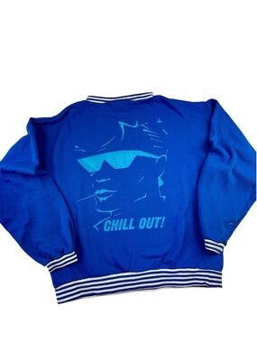 Vintage Chill Out Graphic Varsity Crewneck Sweatshirt Striped Blue Cuffs 1980s